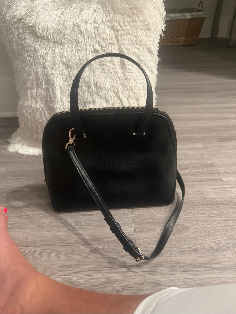 Kate Spade Black Leather Dome Satchel with Gold Hardware and Crossbody Strap - Picture 2 of 4